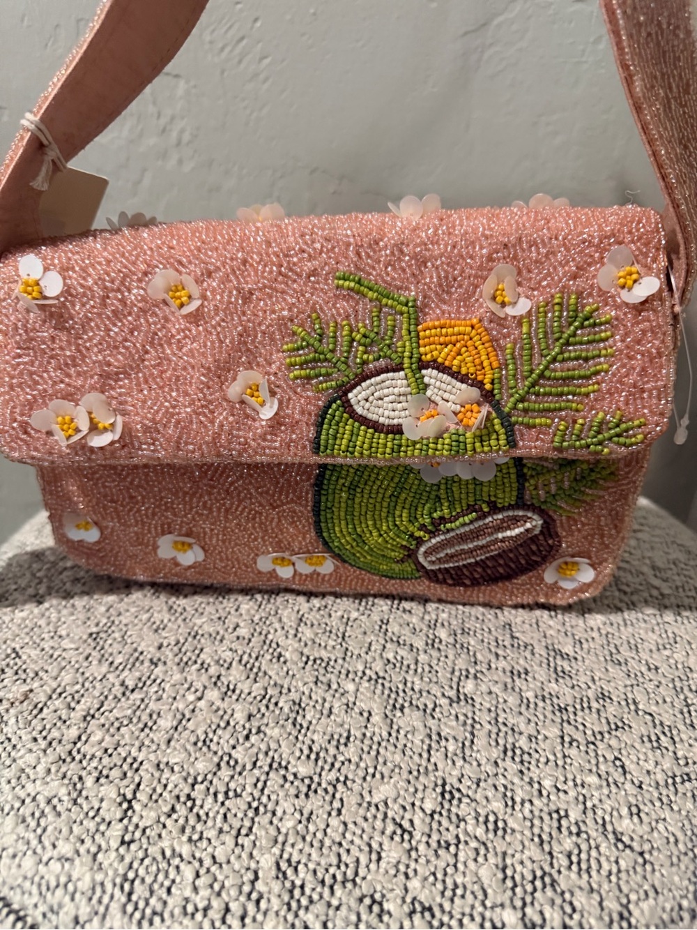 Embellished Pink Beaded Crossbody Bag with Tropical Motif